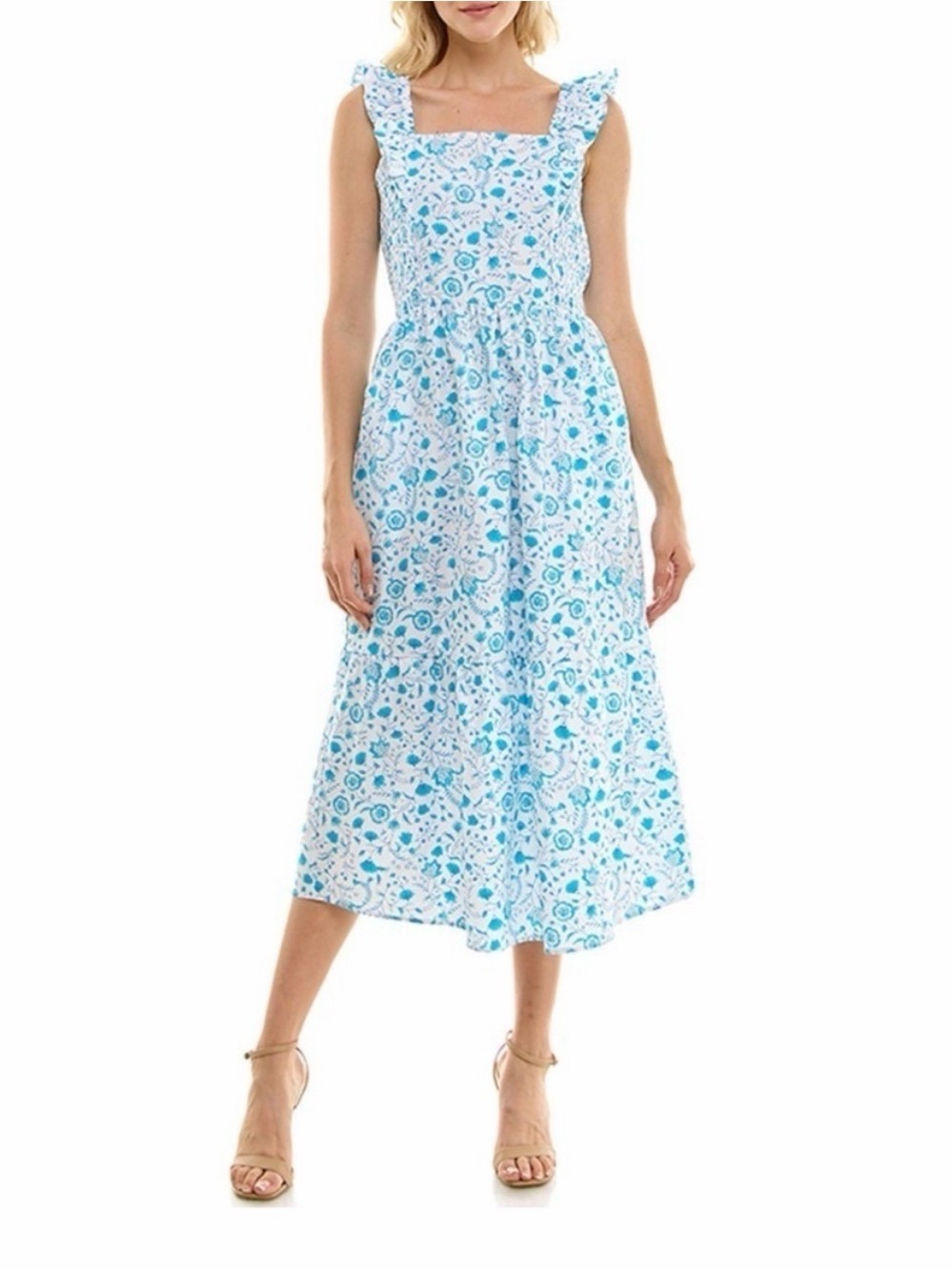 Draper James White & Light Blue Floral Midi Dress